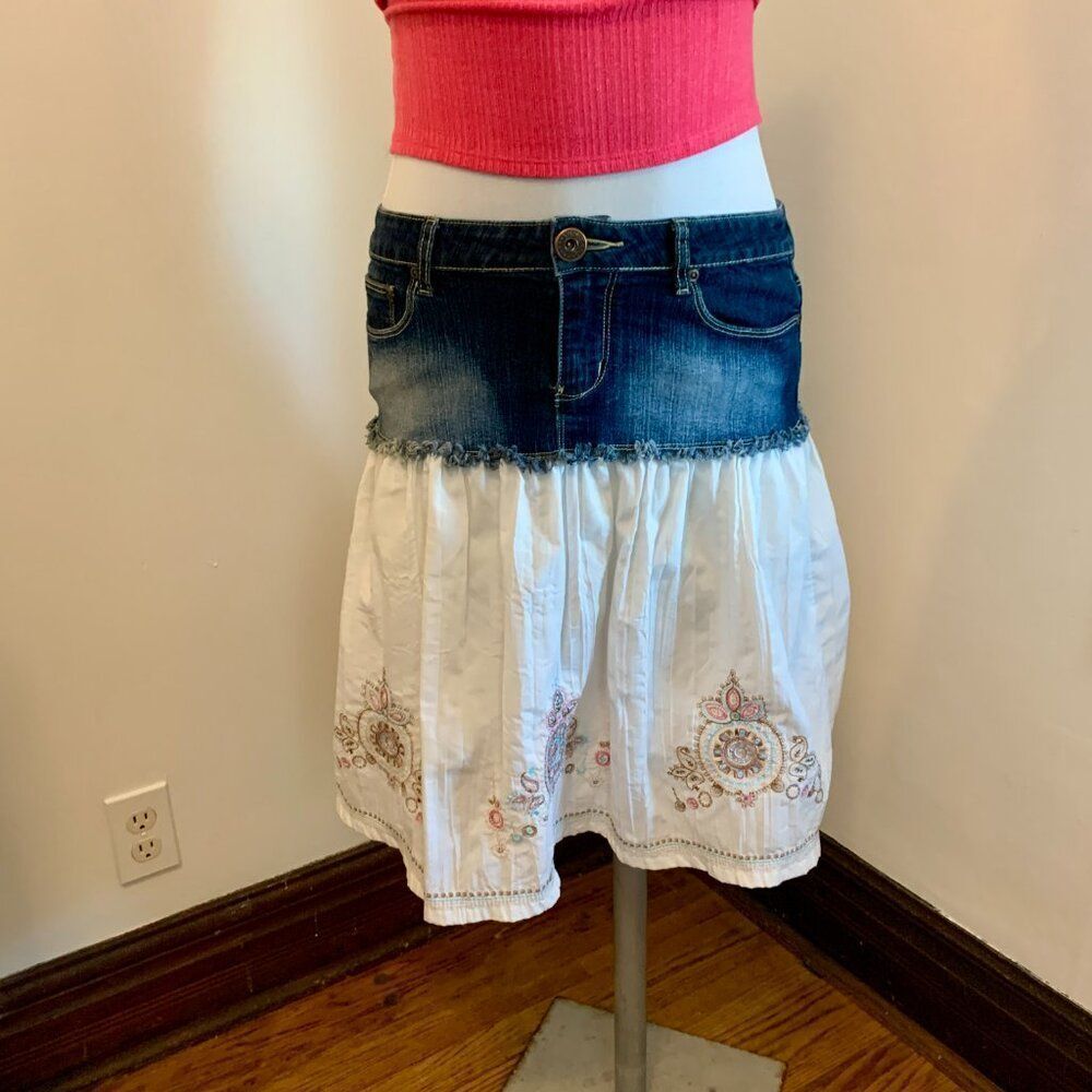 VTG YMI Lace Ruffle Denim Midi Skirt y2k 2000s 90s Western Mixed Peasant Cotton - Picture 2 of 16